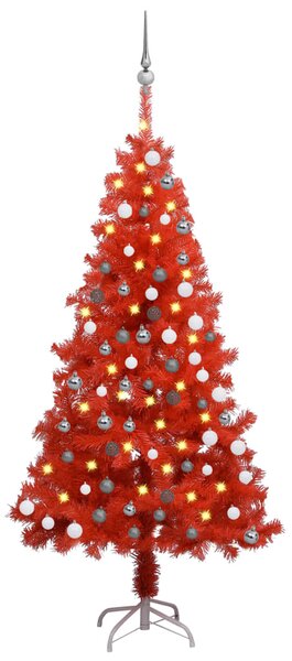 Brad Crăciun pre-iluminat cu set globuri, roșu, 120 cm, PVC
