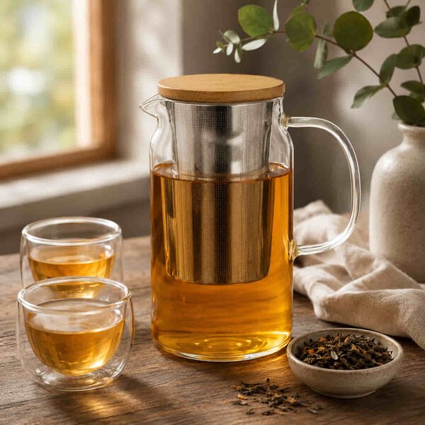 Ceainic din sticla termorezistenta, infuzor metalic si capac, 900 ML