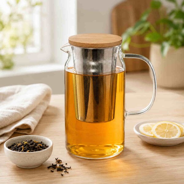 Ceainic din sticla termorezistenta, infuzor metalic si capac, 900 ML
