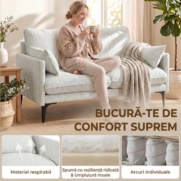 HOMCOM Canapea 2 Locuri cu Brațe, Perne Groase și 2 Perne, 131x78x83 cm, Alb | Aosom Romania