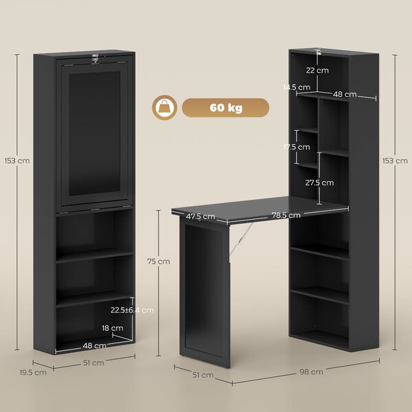 HOMCOM Birou Modern Pliabil cu Bibliotecă și Tablă, din Lemn și Metal, 98x51x153 cm, Negru | Aosom Romania