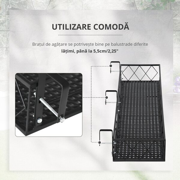 Jardiniera de Exterior Outsunny cu Carlige pentru Balustrada, Suport Ghivece pentru Balcon si Terasa din Metal, 100x31x12cm, Negru | Aosom Romania