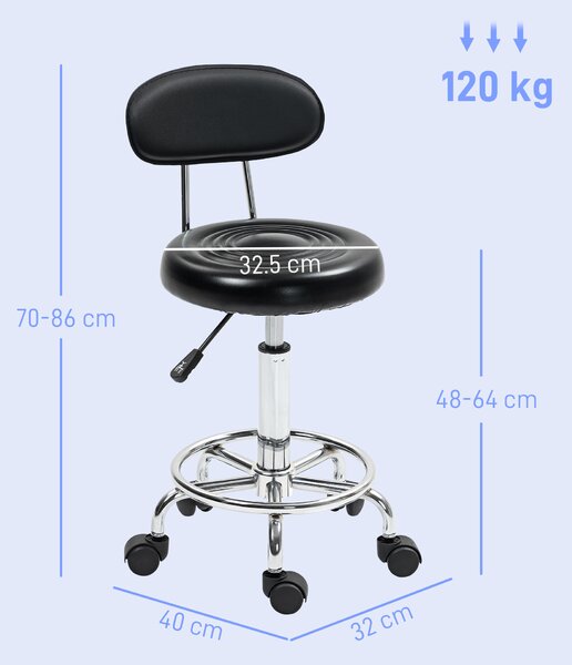 HOMCOM Scaun Rotativ Reglabil la 360°, Scaun Estetician cu Spătar, Roți și Suport pentru Picioare, din Oțel, Piele Sintetică, 32x40x70-86 cm, Negru | Aosom Romania