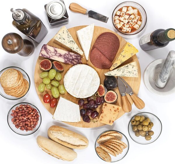 Platou rotund din lemn pentru servire alimente, aperitive, dulciuri, pizza, 30 cm, maro