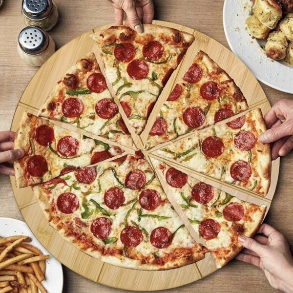 Platou rotund din lemn pentru servire alimente, aperitive, dulciuri, pizza, 30 cm, maro