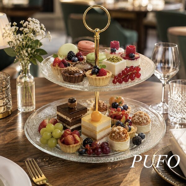 Fructiera etajata Pufo Luxury din sticla cu 2 niveluri, pentru prajituri, mini torturi, fructe, aperitive, maner metalic auriu