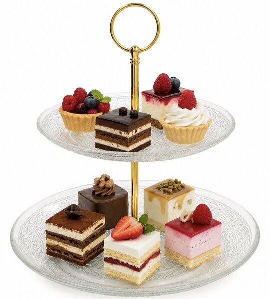 Fructiera etajata Pufo Luxury din sticla cu 2 niveluri, pentru prajituri, mini torturi, fructe, aperitive, maner metalic auriu