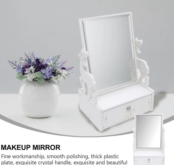 Oglinda de machiaj cu sertar pentru depozitare accesorii make-up, cosmetice si bijuterii, 28 x 16 cm, alb