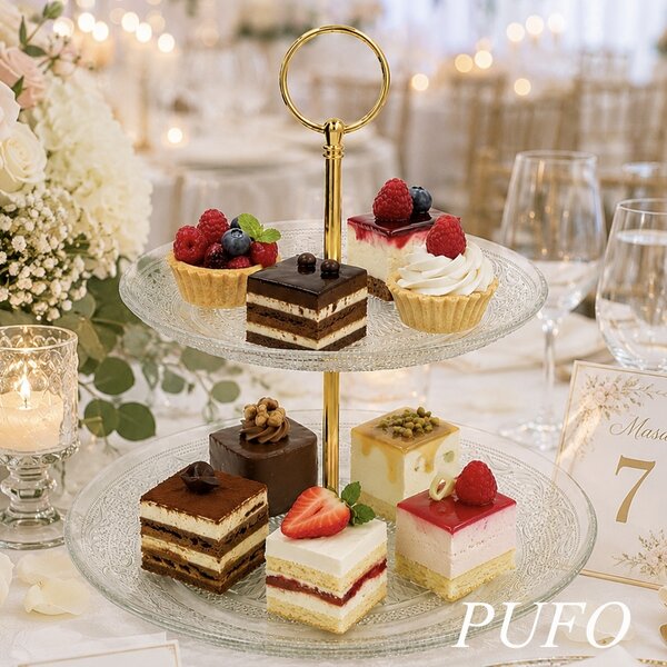 Fructiera etajata Pufo Luxury din sticla cu 2 niveluri, pentru prajituri, mini torturi, fructe, aperitive, maner metalic auriu