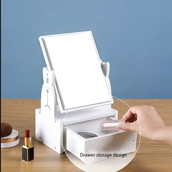 Oglinda de machiaj cu sertar pentru depozitare accesorii make-up, cosmetice si bijuterii, 28 x 16 cm, alb