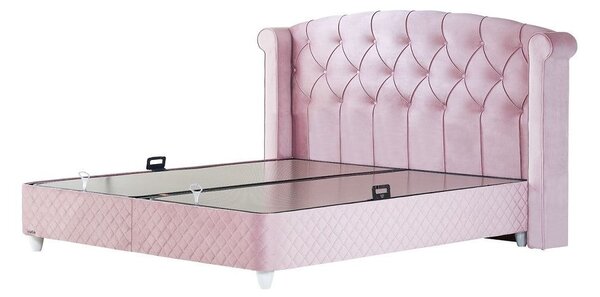 Pat Visco Lux 140x200, stofa catifelata roz, cu suport saltea si lada