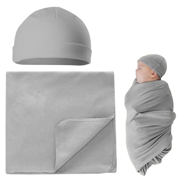 Set paturica si caciulita din bumbac pentru nou-nascut Kidizi, Grey