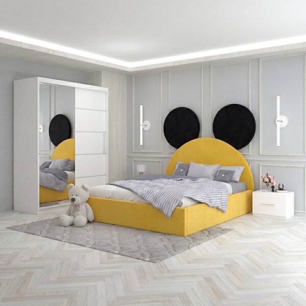 Set Mobila De Dormitor Micky Galben Negru, pat tapitat 90x200cm, dulap 150cm, 2 noptiere si saltea 90x200cm