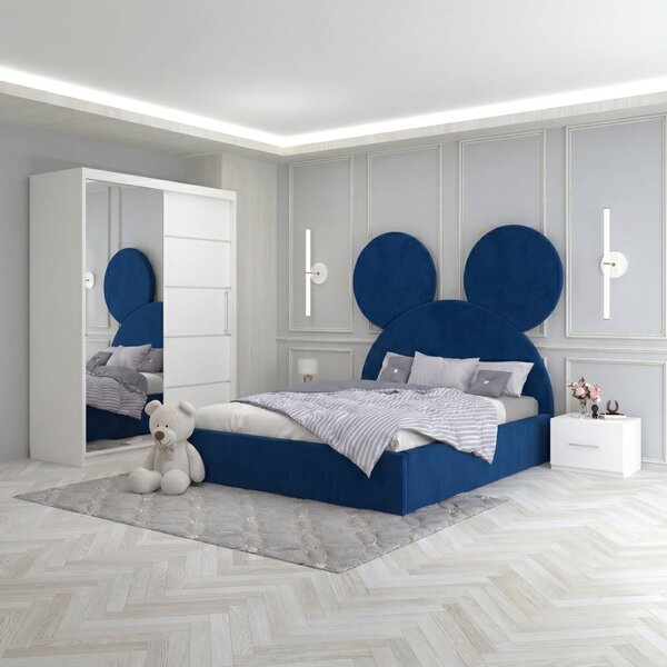 Set Mobila De Dormitor Micky2 Albastru, pat tapitat 90x200cm, dulap 150cm, 2 noptiere si saltea 90x200cm