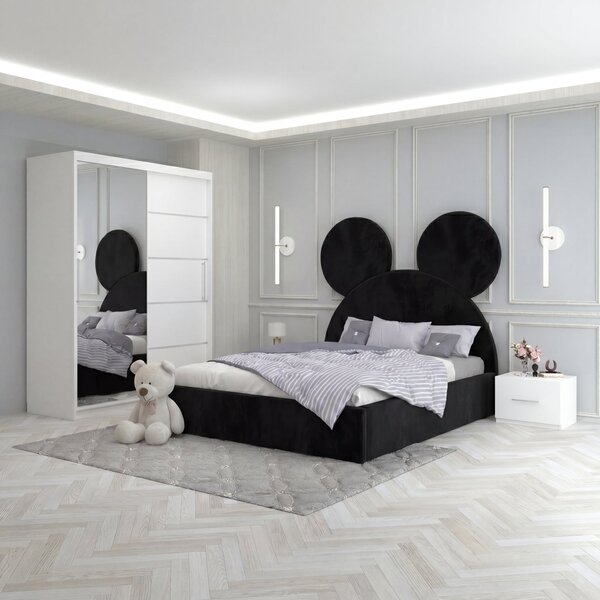 Set Mobila De Dormitor Micky Negru, pat tapitat 90x200cm, dulap 150cm, 2 noptiere si saltea 90x200cm