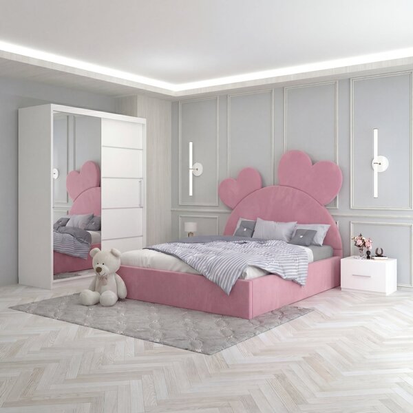 Set Mobila De Dormitor Love Roz, pat tapitat 90x200cm, dulap 150cm, 2 noptiere si saltea 90x200cm