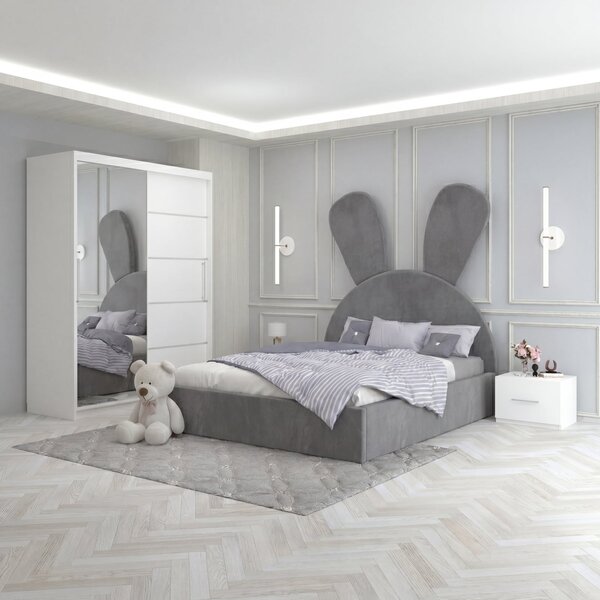 Set Mobila De Dormitor Rila Gri, pat tapitat 90x200cm, dulap 150cm, 2 noptiere si saltea 90x200cm