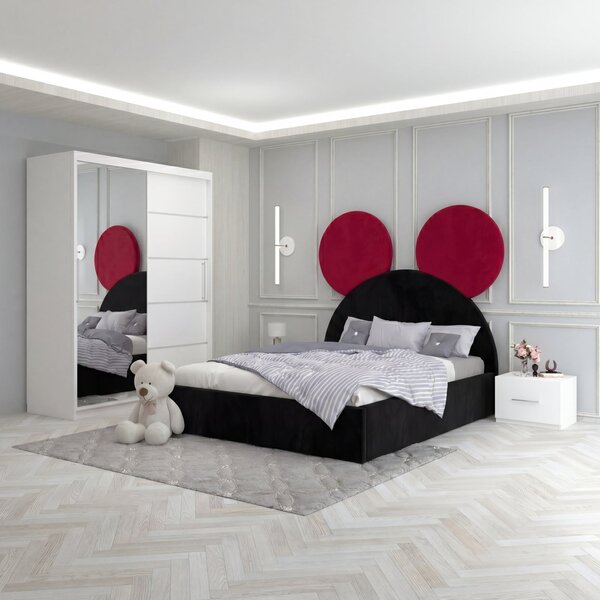 Set Mobila De Dormitor Micky Negru Rosu, pat tapitat 90x200cm, dulap 150cm, 2 noptiere si saltea 90x200cm