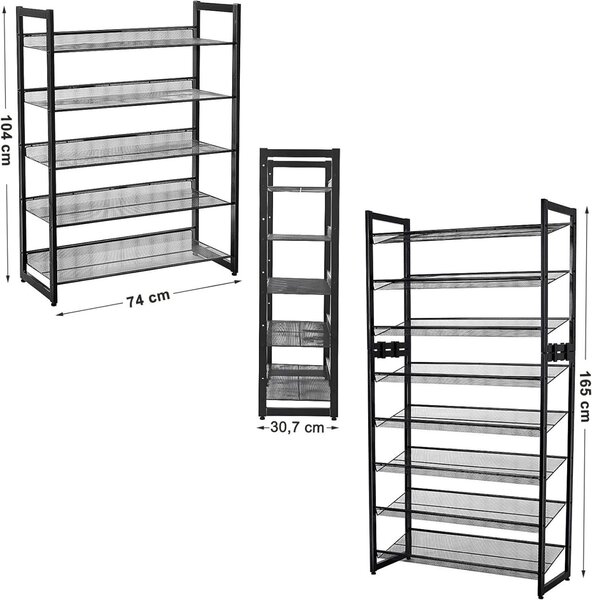 Pantofar, Songmics, 5 rafturi, 15-20 perechi, Negru, 30.5 x 74 x 103.8 cm