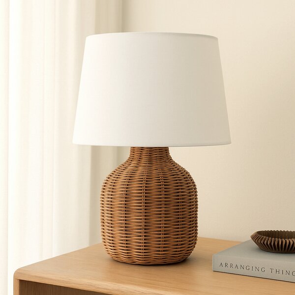 Lindby Lampă de masă Lirenda, înălțime 52 cm, ratan, natural/alb, Lemn, Camera de zi / sufragerie, Țesătură / Textil, Scandinavă