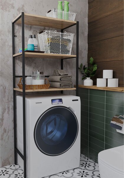 Etajera pentru rufe Zermin metal - melaminat culoare lemn natural - negru 70x25x150cm