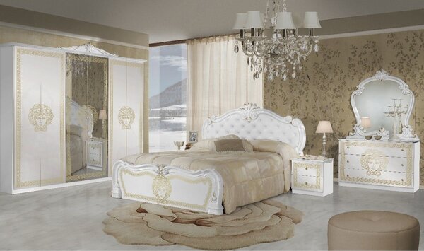 Set dormitor VILMA, alb/auriu, pat 160x200 cm cu somiera fixa, dulap