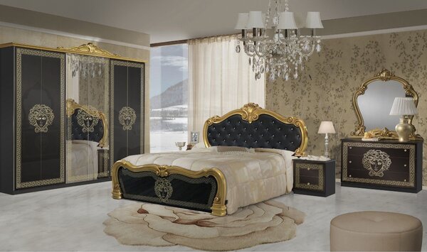 Set dormitor VILMA, negru/auriu, pat 160x200 cm cu somiera fixa, dulap
