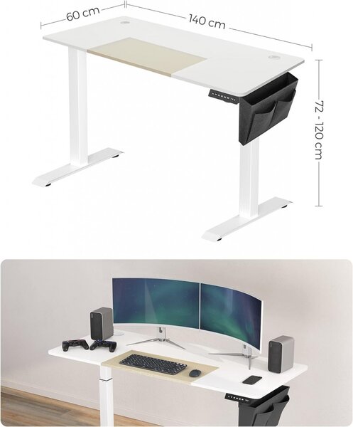 Birou reglabil, Songmics, Alb-Bej, 140x60x72-120 cm