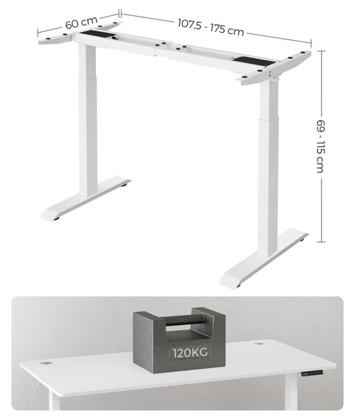 Cadru birou reglabil, Songmics, Alb, 107.5-175x60x71-117 cm