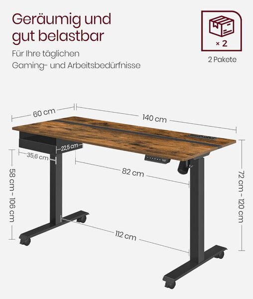 Birou reglabil, Vasagle, Maro-Negru, 140×60×72-120