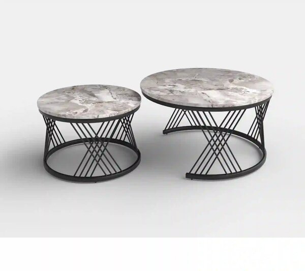 Set 2 masute cafea FLAMINGO, gri cu efect de marmura/negru, ceramica/m