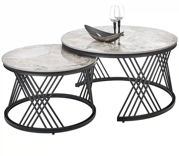 Set 2 masute cafea FLAMINGO, gri cu efect de marmura/negru, ceramica/m