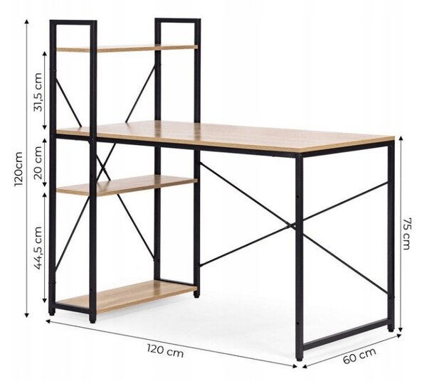 Birou cu raft LOFTY 120x60 cm, negru / decor stejar