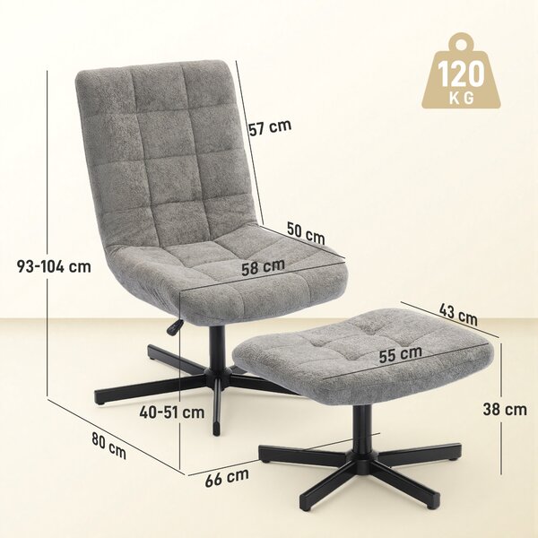 HOMCOM Scaun reclinabil pe 4 niveluri cu otoman separat în efect de catifea, 66x80x93-104 cm, Gri | Aosom Romania