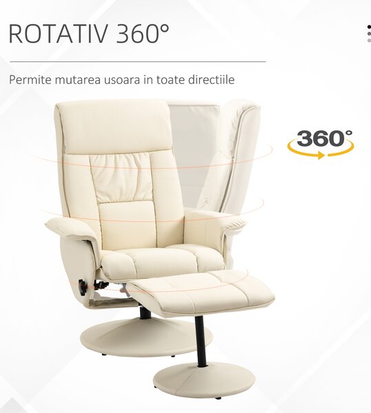 Fotoliu Living si taburet otoman cu baza infasurata, Scaun rabatabil rotitor din piele PU cu suport de picioare, Crem Alb | Aosom Romania