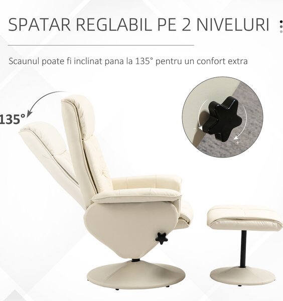 Fotoliu Living si taburet otoman cu baza infasurata, Scaun rabatabil rotitor din piele PU cu suport de picioare, Crem Alb | Aosom Romania