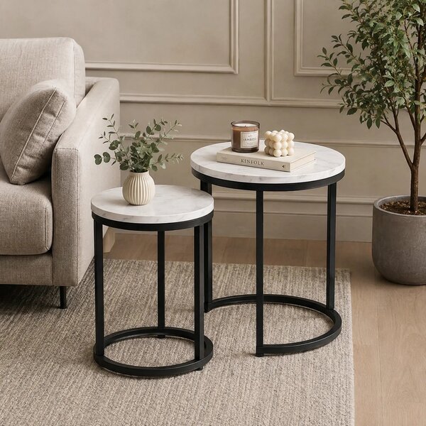 Set 2 masute cafea HOLA, alb cu efect de marmura/negru, PAL laminat/ot