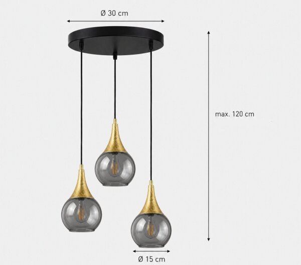 Lustră pe cablu LACRIMA SMOKY 3xE27/60W/230V d. 30 cm