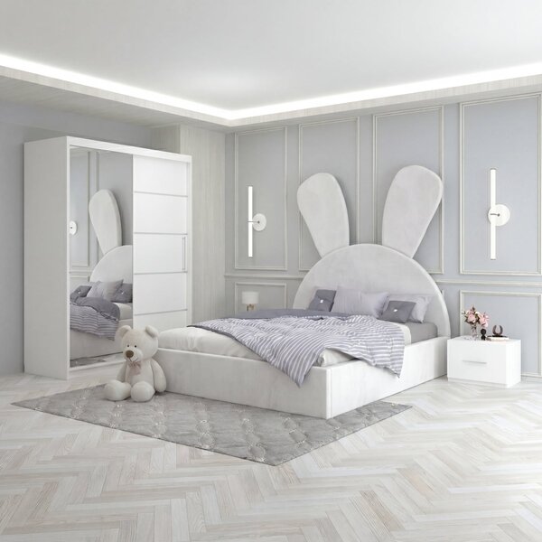 Set Mobila De Dormitor Micky Alb, pat tapitat 90x200cm, dulap 150cm, 2 noptiere si saltea 90x200cm