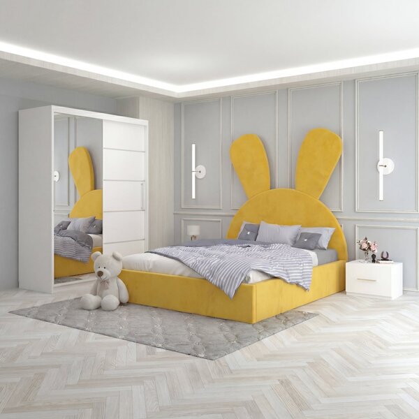 Set Mobila De Dormitor Micky Galben, pat tapitat 90x200cm, dulap 150cm, 2 noptiere si saltea 90x200cm