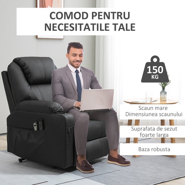 HOMCOM Scaun cu Ridicare Electrică, Masaj, Telecomandă și Buzunare Laterale pentru Vârstnici, din Piele PU, 88x92x106 cm, Negru | Aosom Romania