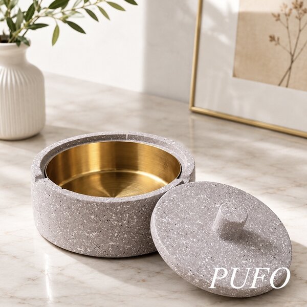 Scrumiera Moderna 2 in 1 Pufo Vintage- Piatra si Metal, Combinatie Eleganta pentru Interior, Exterior, Terasa sau Birou