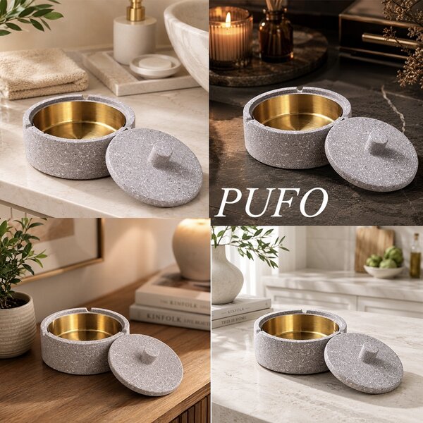 Scrumiera Moderna 2 in 1 Pufo Vintage- Piatra si Metal, Combinatie Eleganta pentru Interior, Exterior, Terasa sau Birou