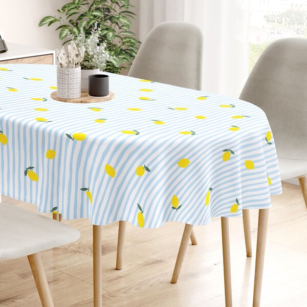 Goldea față de masă 100% bumbac - lămâi proaspete cu dungi - ovală 140 x 180 cm