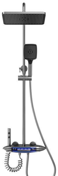 Coloană de duș termostat, afișaj digital, lumină LED ambientală, 4 funcții, taste de pian, cap duș dreptunghiulară, efect de ploaie, cap de duș, duș de mână cu 3 moduri, duș bideu, pipă cadă, montare pe perete, înălțime reglabilă, alamă, Gri, 8024