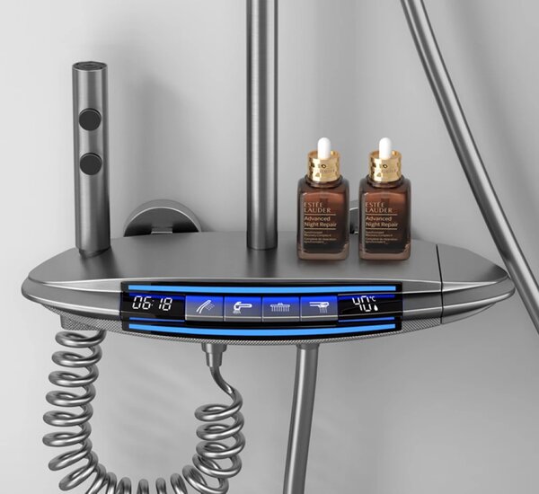 Coloană de duș termostat, afișaj digital, lumină LED ambientală, 4 funcții, taste de pian, cap duș dreptunghiulară, efect de ploaie, cap de duș, duș de mână cu 3 moduri, duș bideu, pipă cadă, montare pe perete, înălțime reglabilă, alamă, Gri, 8024
