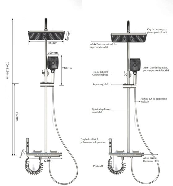 Coloană de duș termostat, afișaj digital, lumină LED ambientală, 4 funcții, taste de pian, cap duș dreptunghiulară, efect de ploaie, înălțime reglabilă, montare pe perete, Gri, 8004