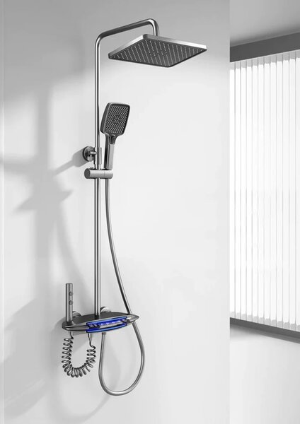 Coloană de duș termostat, afișaj digital, lumină LED ambientală, 4 funcții, taste de pian, cap duș dreptunghiulară, efect de ploaie, cap de duș, duș de mână cu 3 moduri, duș bideu, pipă cadă, montare pe perete, înălțime reglabilă, alamă, Gri, 8024