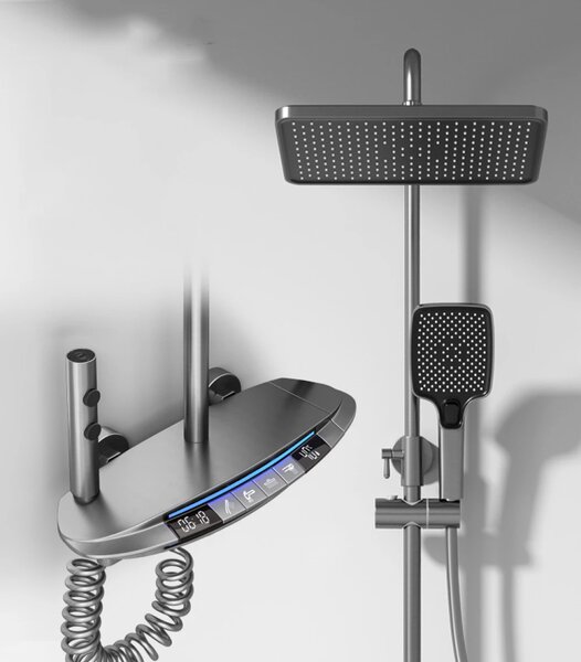 Coloană de duș termostat, afișaj digital, lumină LED ambientală, 4 funcții, taste de pian, cap duș dreptunghiulară, efect de ploaie, cap de duș, duș de mână cu 3 moduri, duș bideu, pipă cadă, montare pe perete, înălțime reglabilă, alamă, Gri, 8024