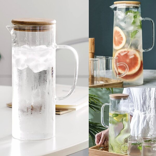 Carafa eleganta Pufo Simple din sticla borosilicata pentru apa, limonada sau suc, capac bambus, 1.5 L
